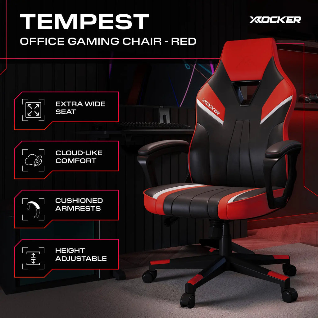 X rocker Tempest office gaming chair in red and black with features listed on a dark background.