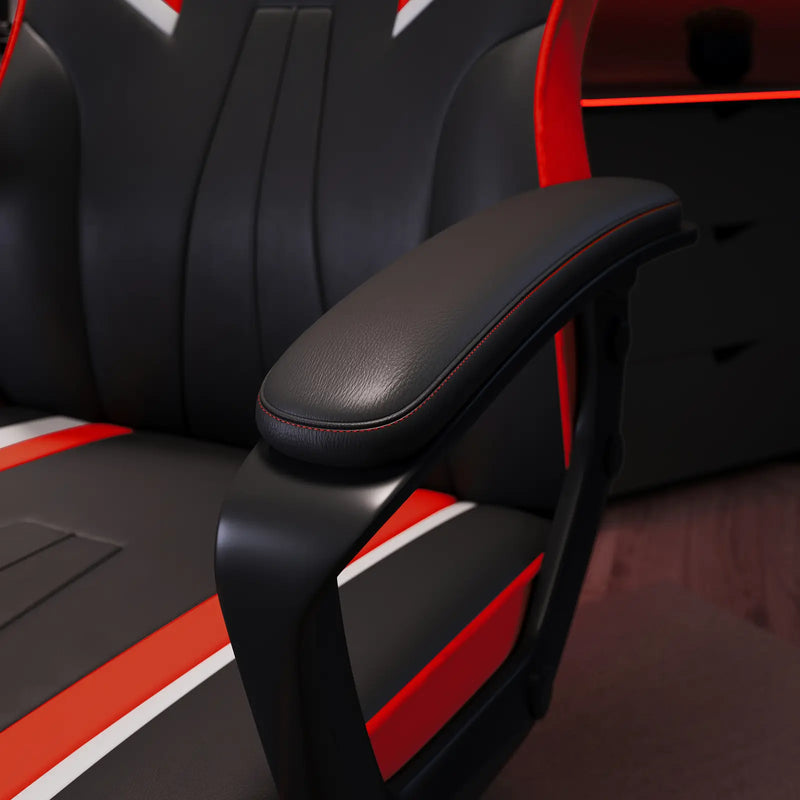 Close-up of a black and red gaming chair with armrest.