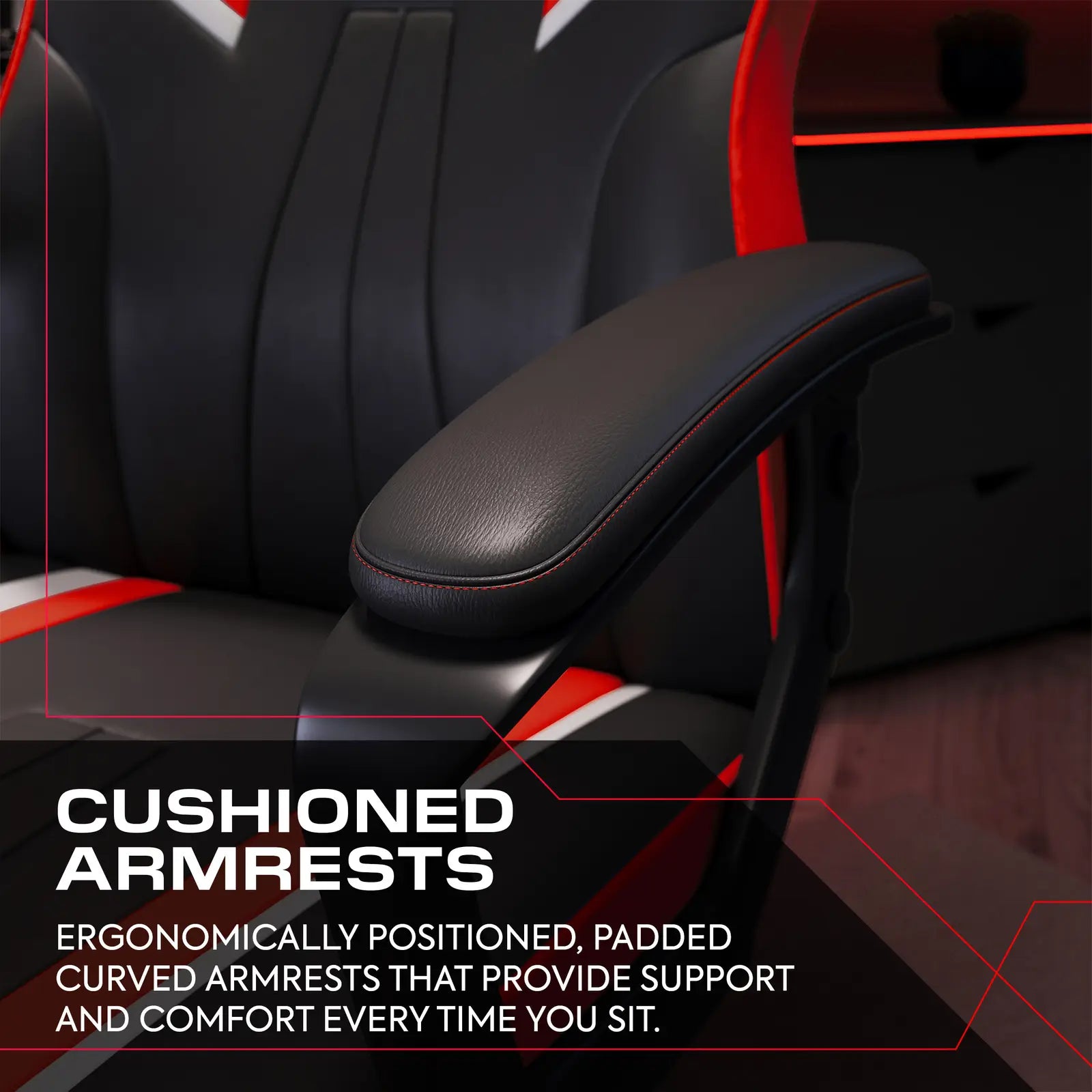 Gaming chair with cushioned armrests and text highlighting support and comfort.
