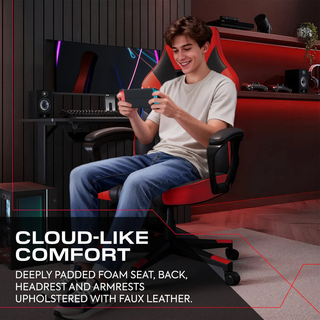 Person sitting in a gaming chair with text about comfort features