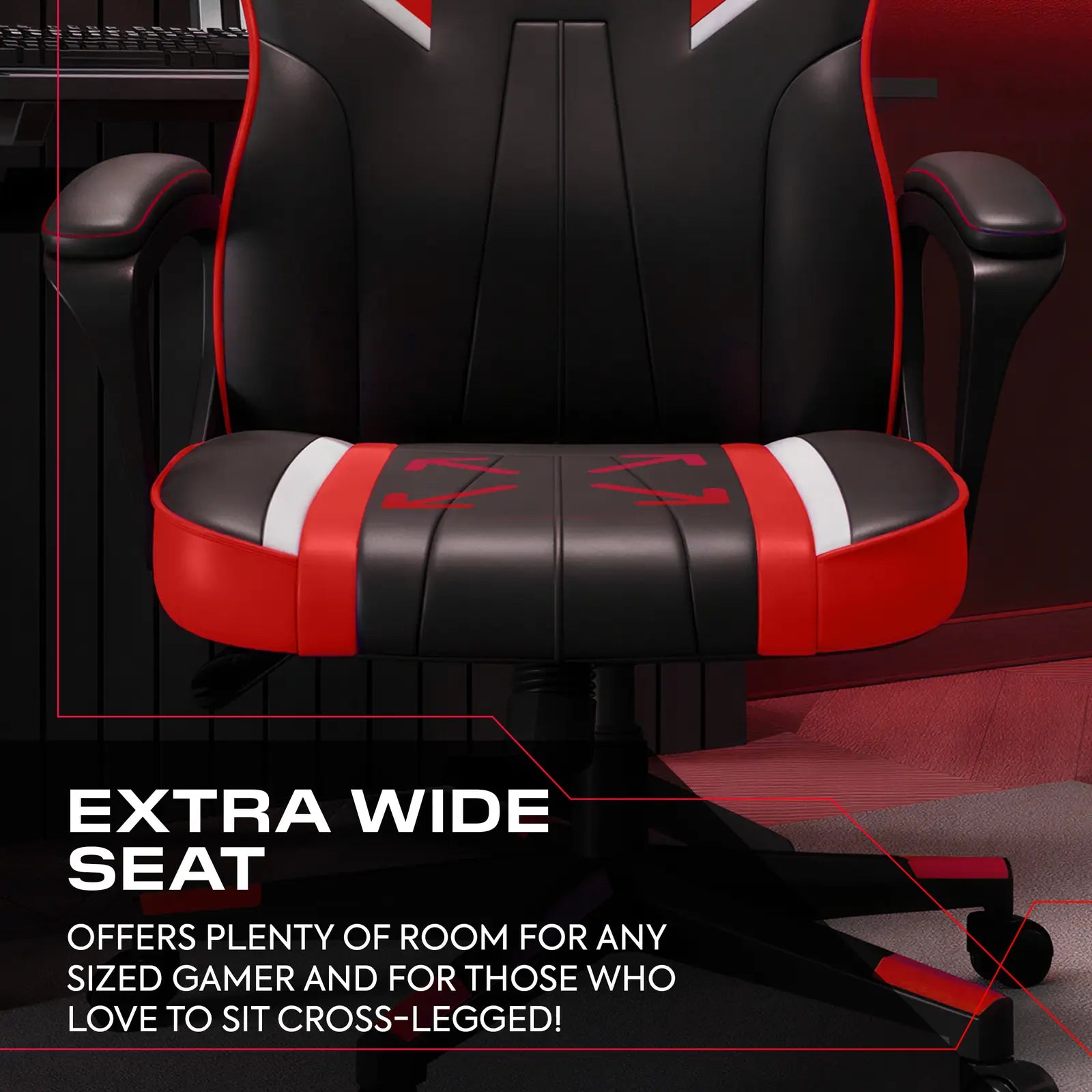Gaming chair with red and black design in a room setting