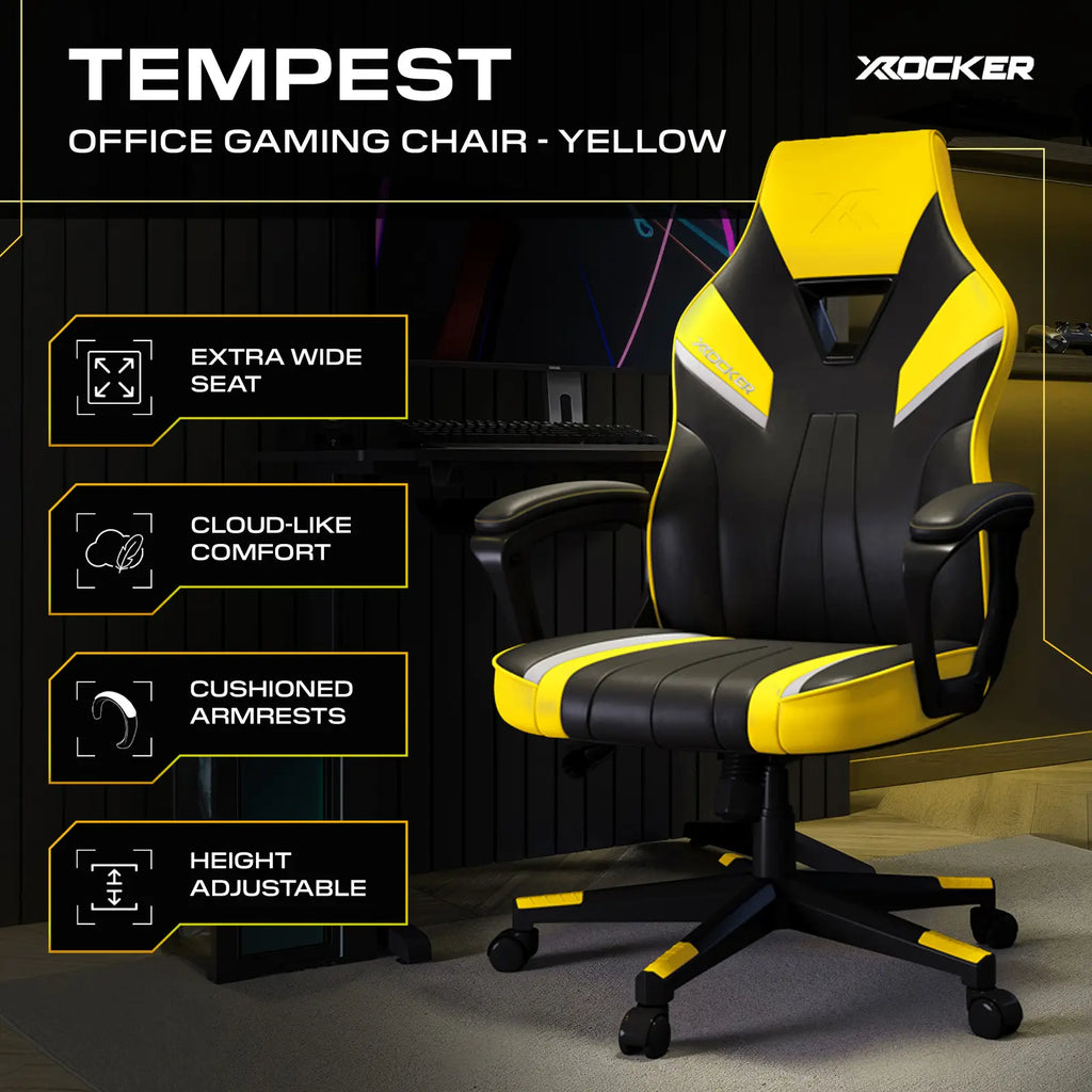 Yellow and black office gaming chair with features listed on a dark background