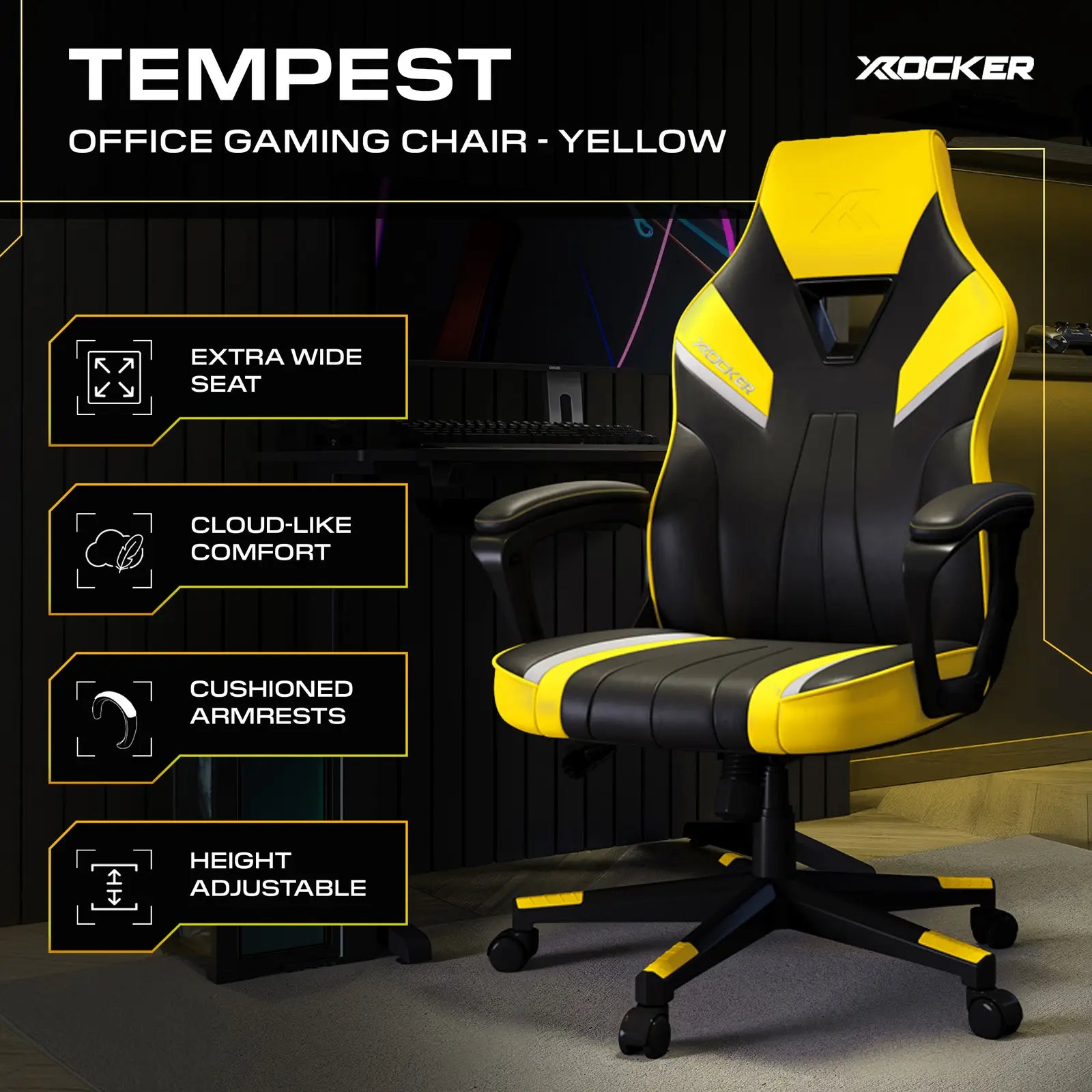 Yellow and black office gaming chair with features listed on a dark background