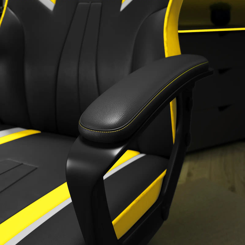 Black and yellow racing seat with armrest on a blurred background