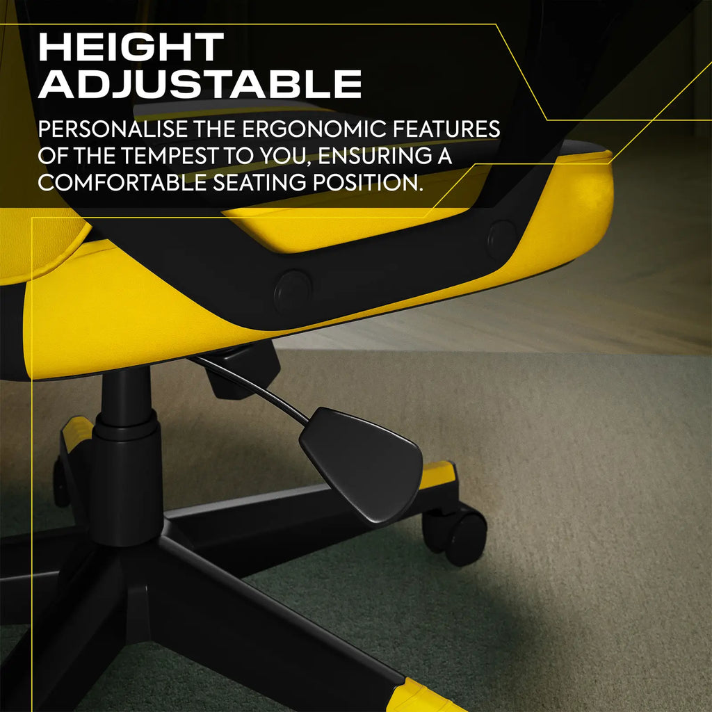 Yellow and black office chair with height adjustable feature highlighted.