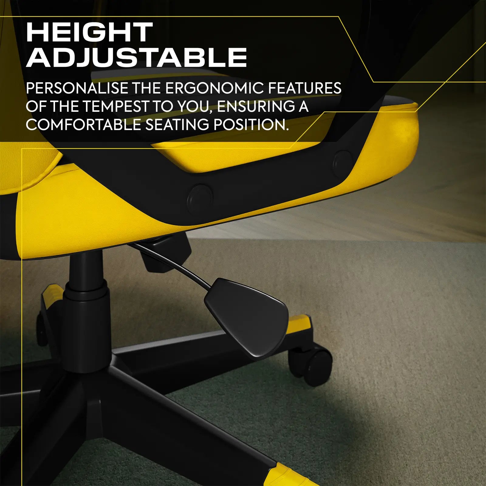 Yellow and black office chair with height adjustable feature highlighted.