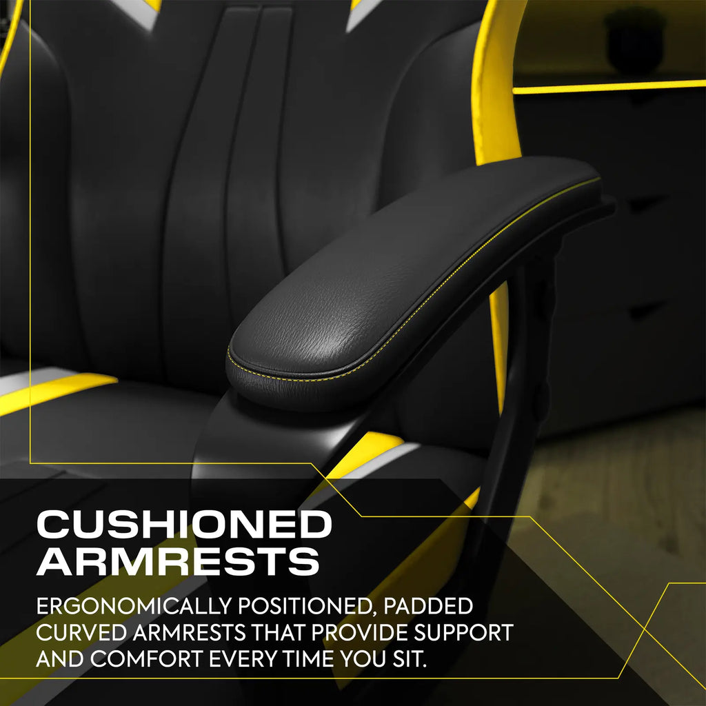 Black office chair with yellow accents and cushioned armrests, highlighting comfort features.