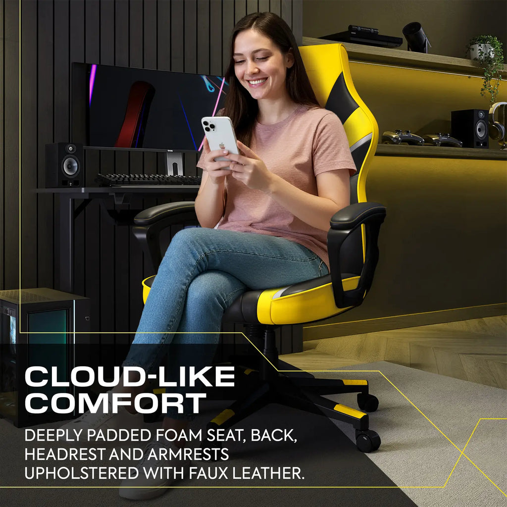 Woman sitting in a yellow gaming chair in a modern room with text about comfort.