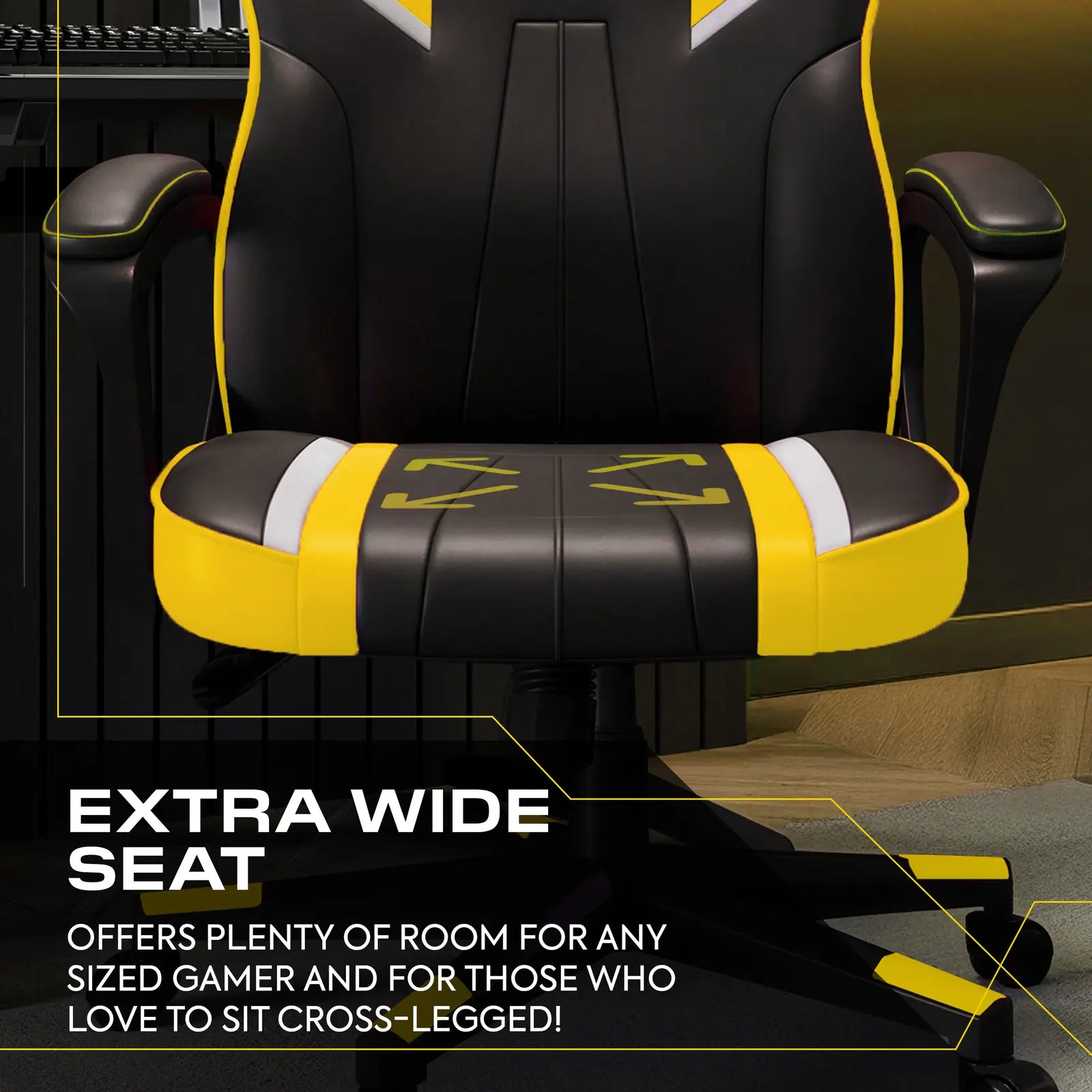 Gaming chair with black and yellow design, featuring text about an extra wide seat.