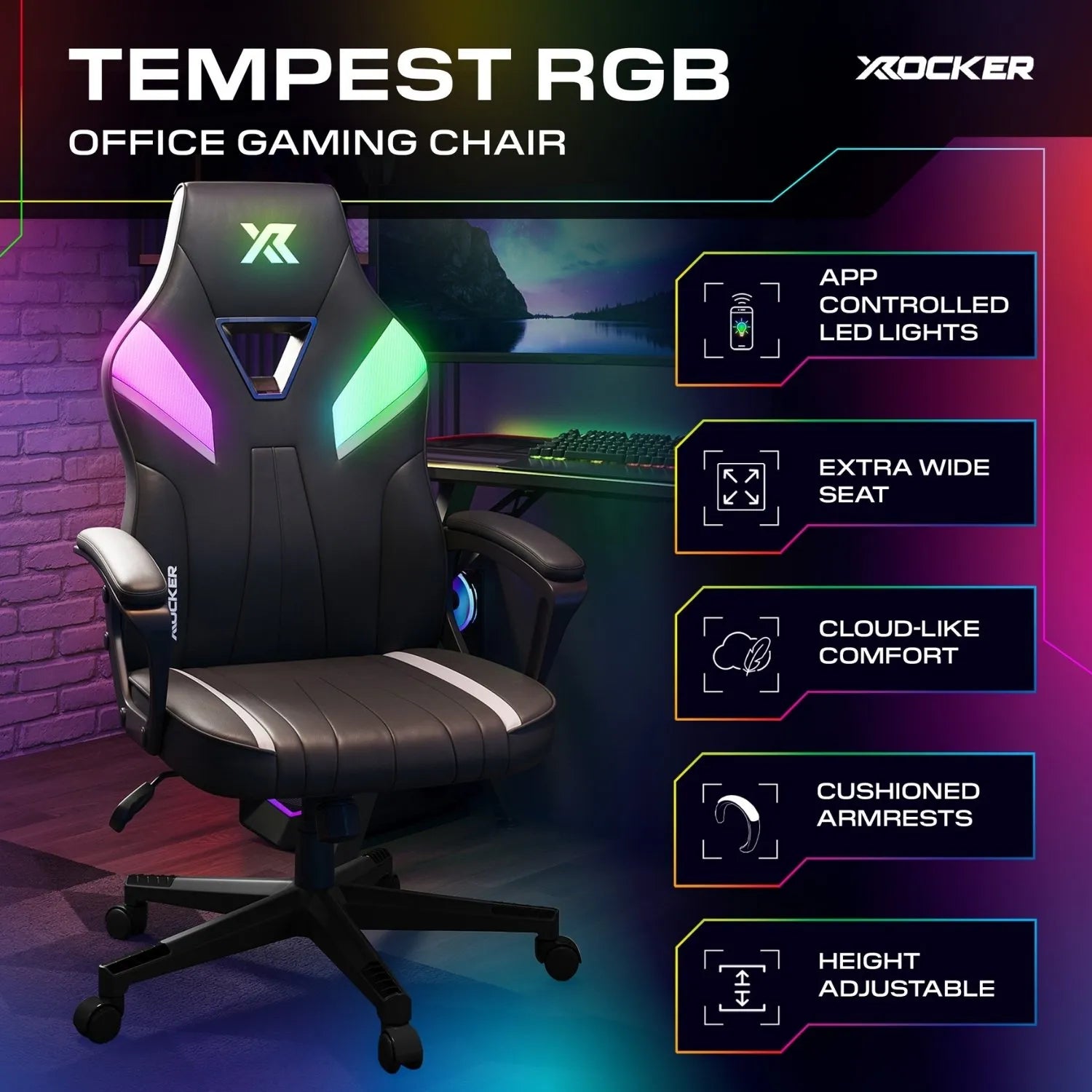 X rocker Tempest RGB office gaming chair with features listed on the right.