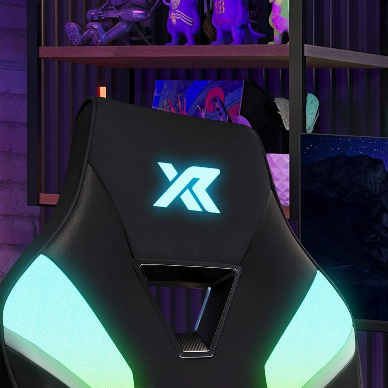 Gaming chair with glowing logo in a room with colorful lighting