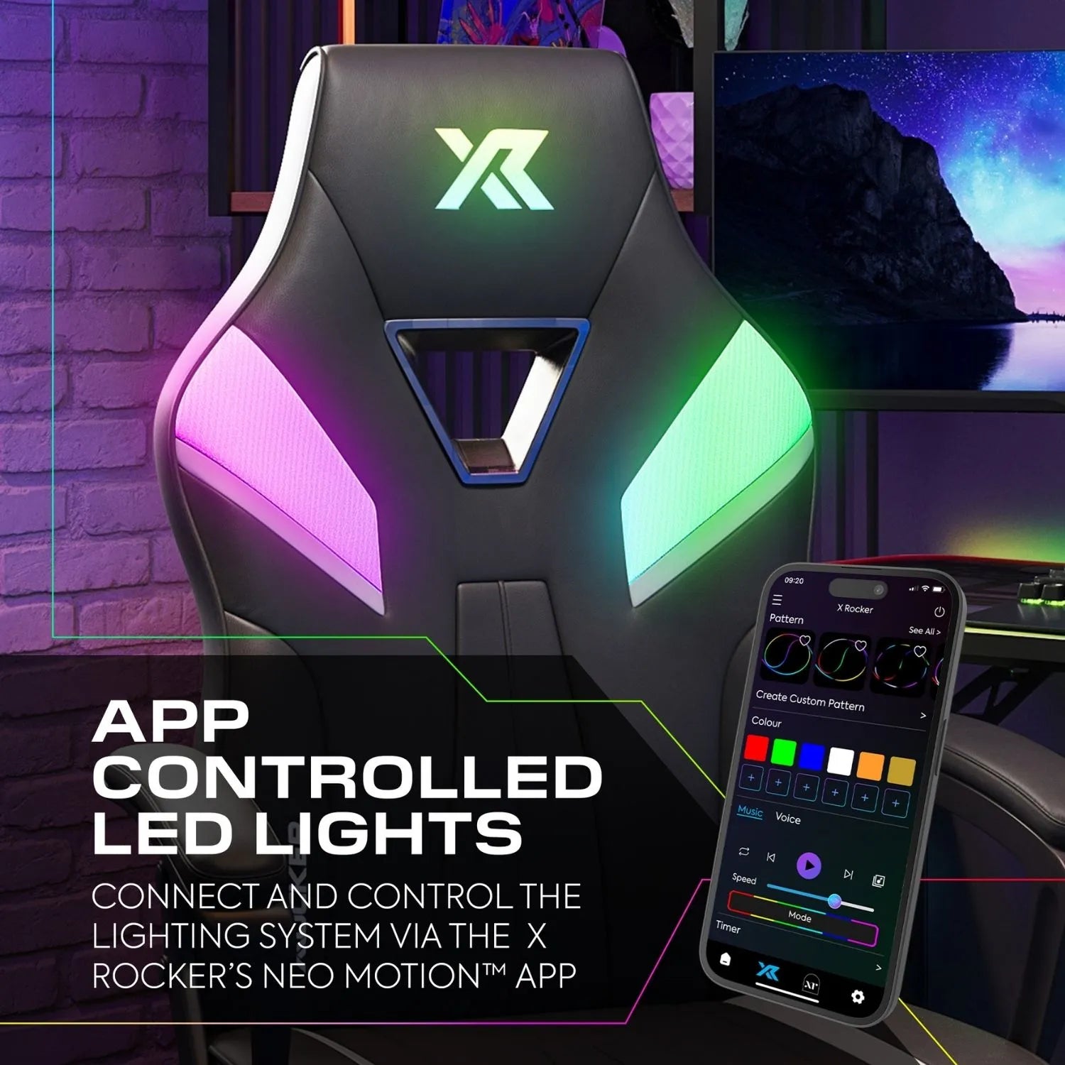 Gaming chair with app-controlled LED lights and smartphone displaying app interface.