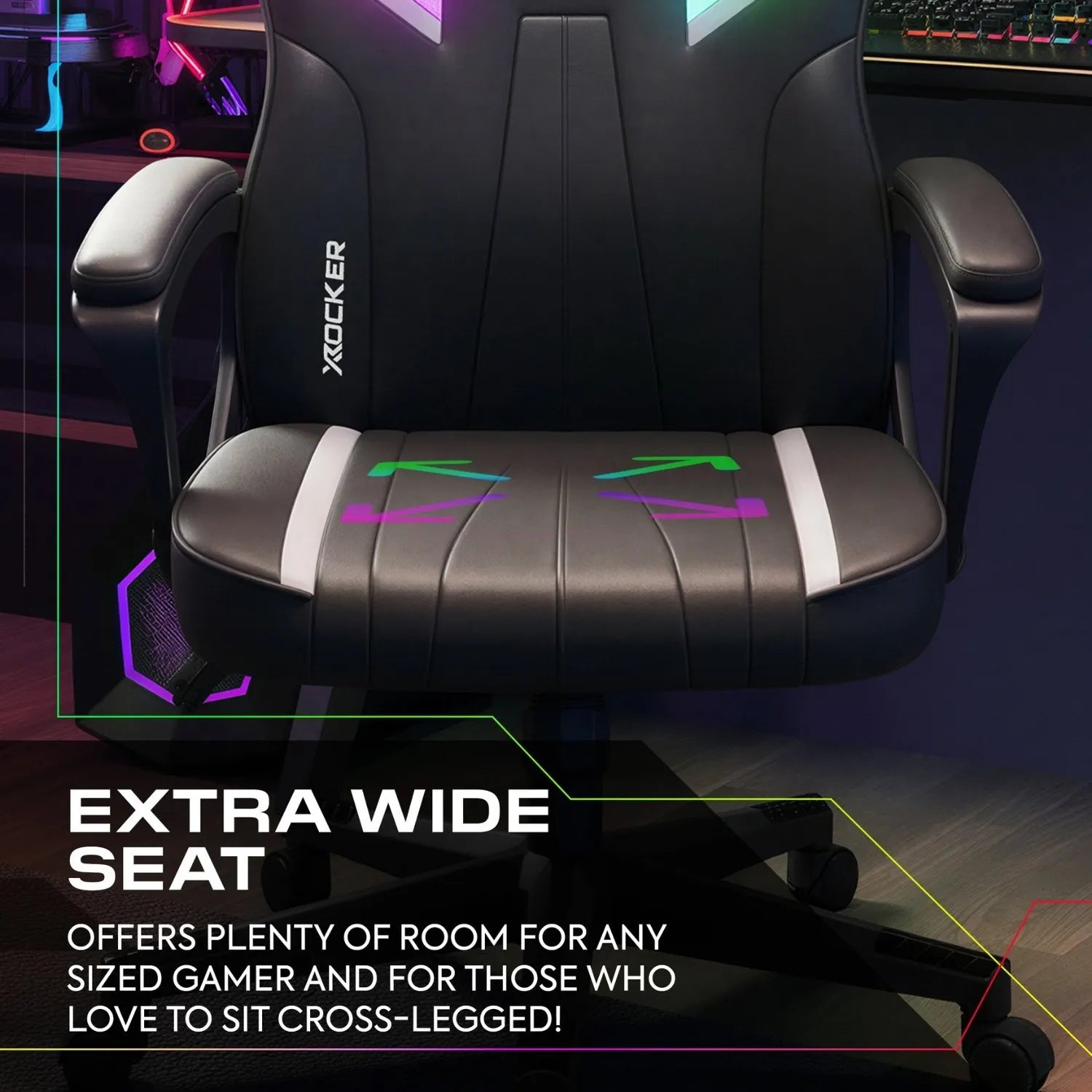 Gaming chair with X rocker branding in a gaming setup.