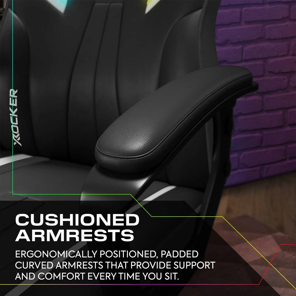 Gaming chair with cushioned armrests and text highlighting support and comfort.