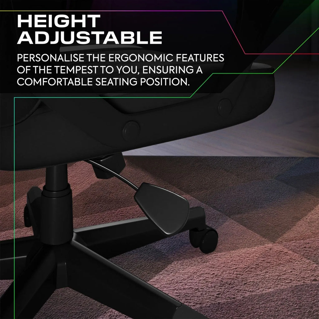 Ergonomic office chair with height adjustment feature on a checkered floor.