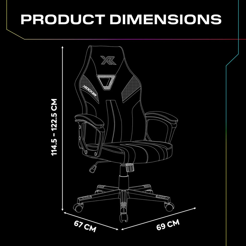 Gaming chair with dimensions labeled on a black background