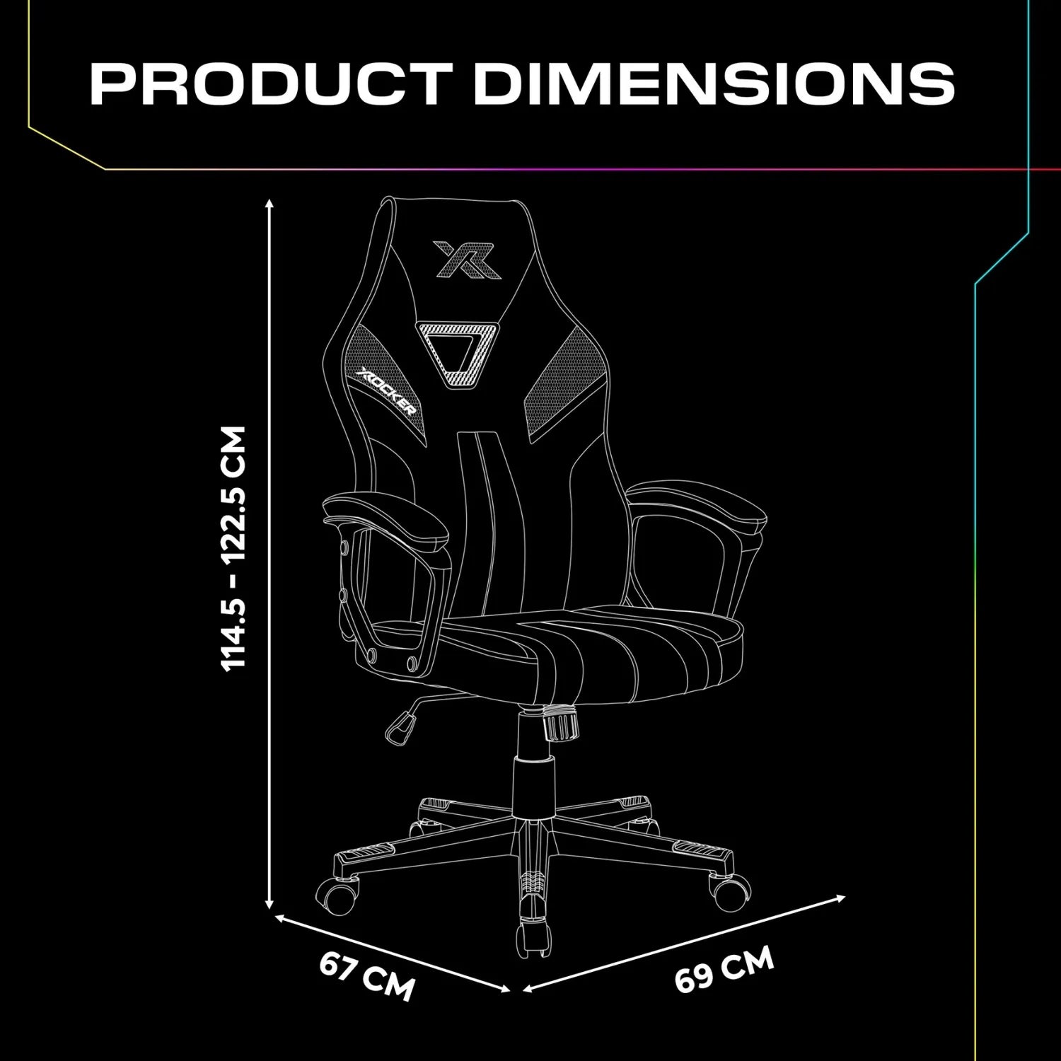 Gaming chair with dimensions labeled on a black background