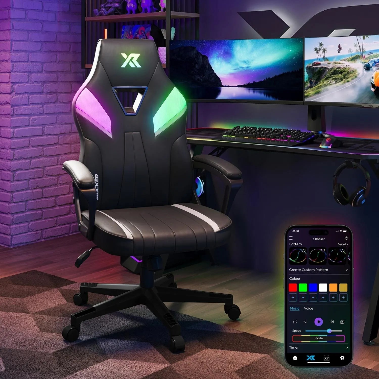 Gaming chair with RGB lighting in a room setup with multiple monitors and gaming accessories.