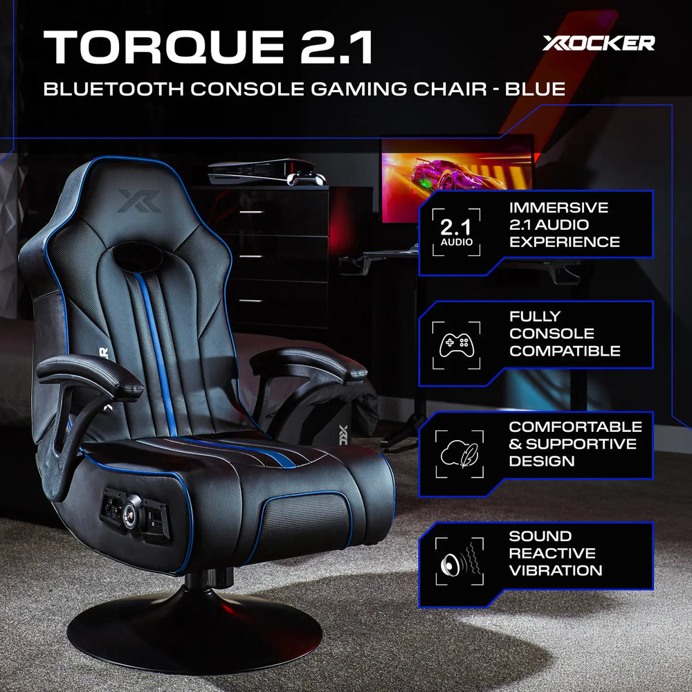 X rocker Torque 2.1 Bluetooth Console Gaming Chair with features highlighted on a dark background