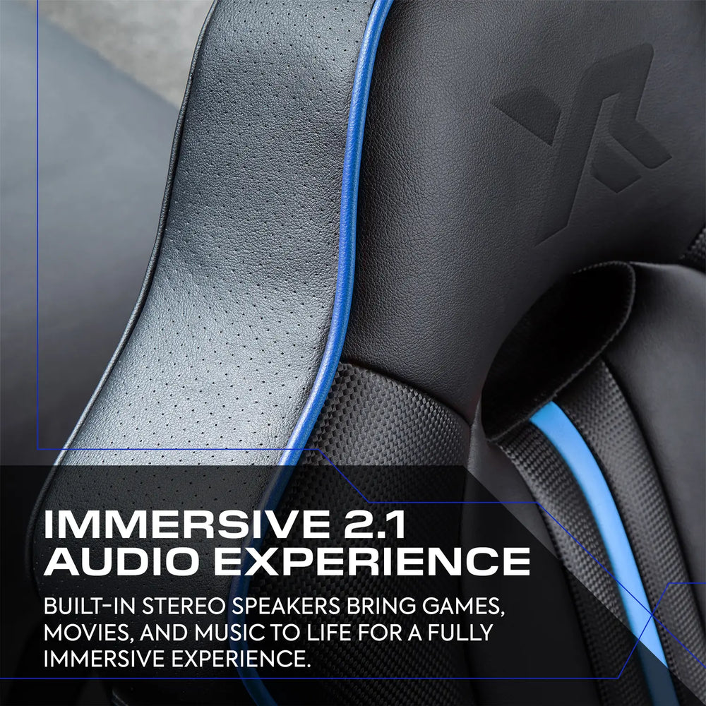 Gaming Chair with audio system branding and text about immersive 2.1 audio experience.