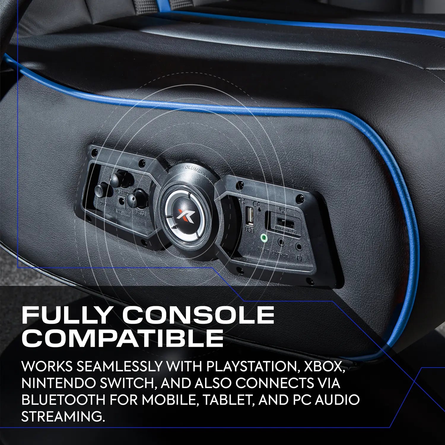 Console Gaming Chairs control panel system with compatibility text overlay