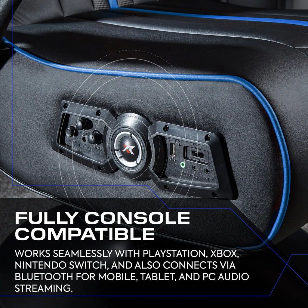 Console Gaming Chairs control panel system with compatibility text overlay
