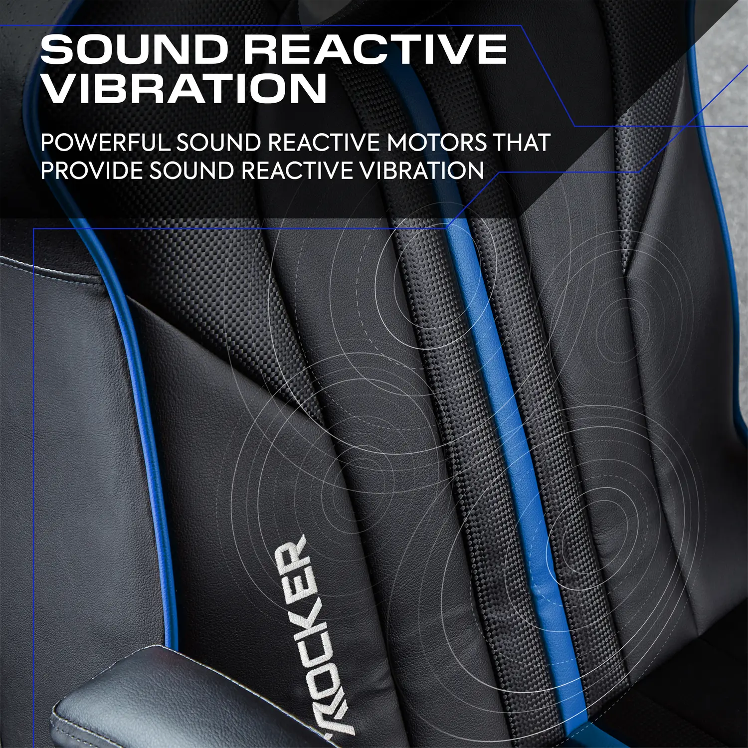 Close-up of a gaming chair with 'X Rocker' branding and text about sound reactive vibration.