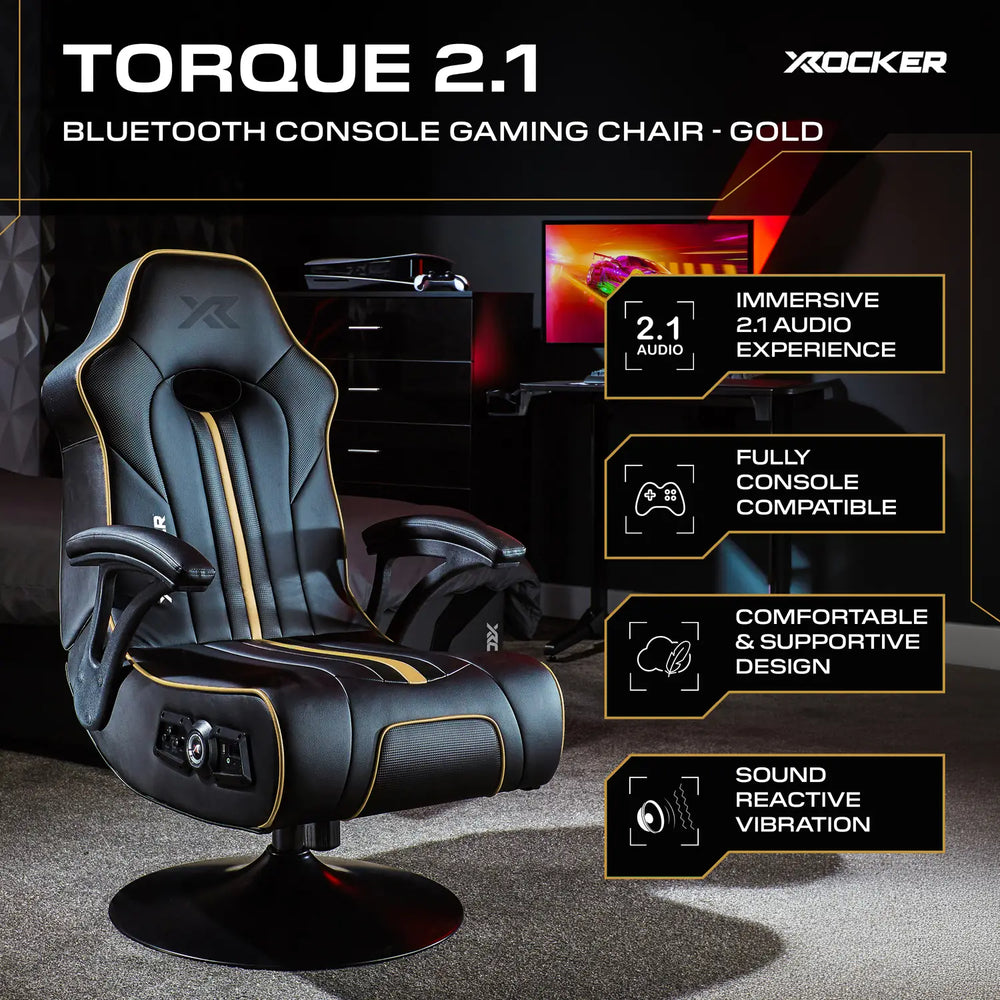 X rocker Torque 2.1 Bluetooth Console Gaming Chair with features highlighted on a dark background