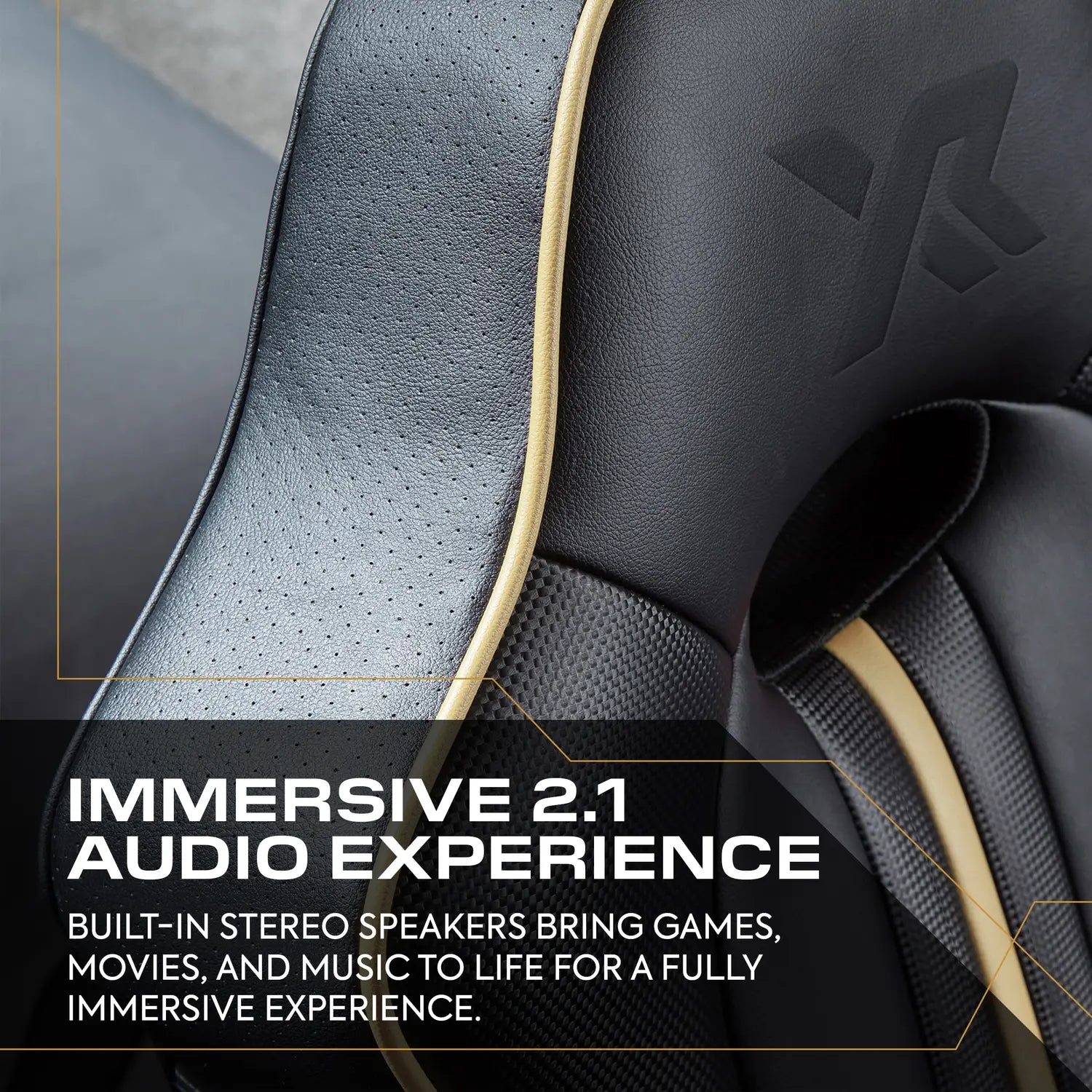Close-up of a gaming chair with text about immersive 2.1 audio experience.
