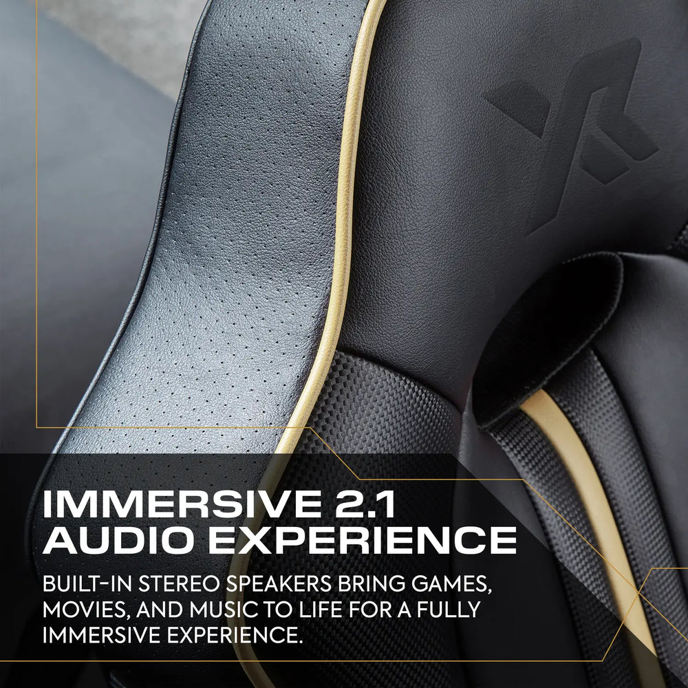Close-up of a gaming chair with text about immersive 2.1 audio experience.