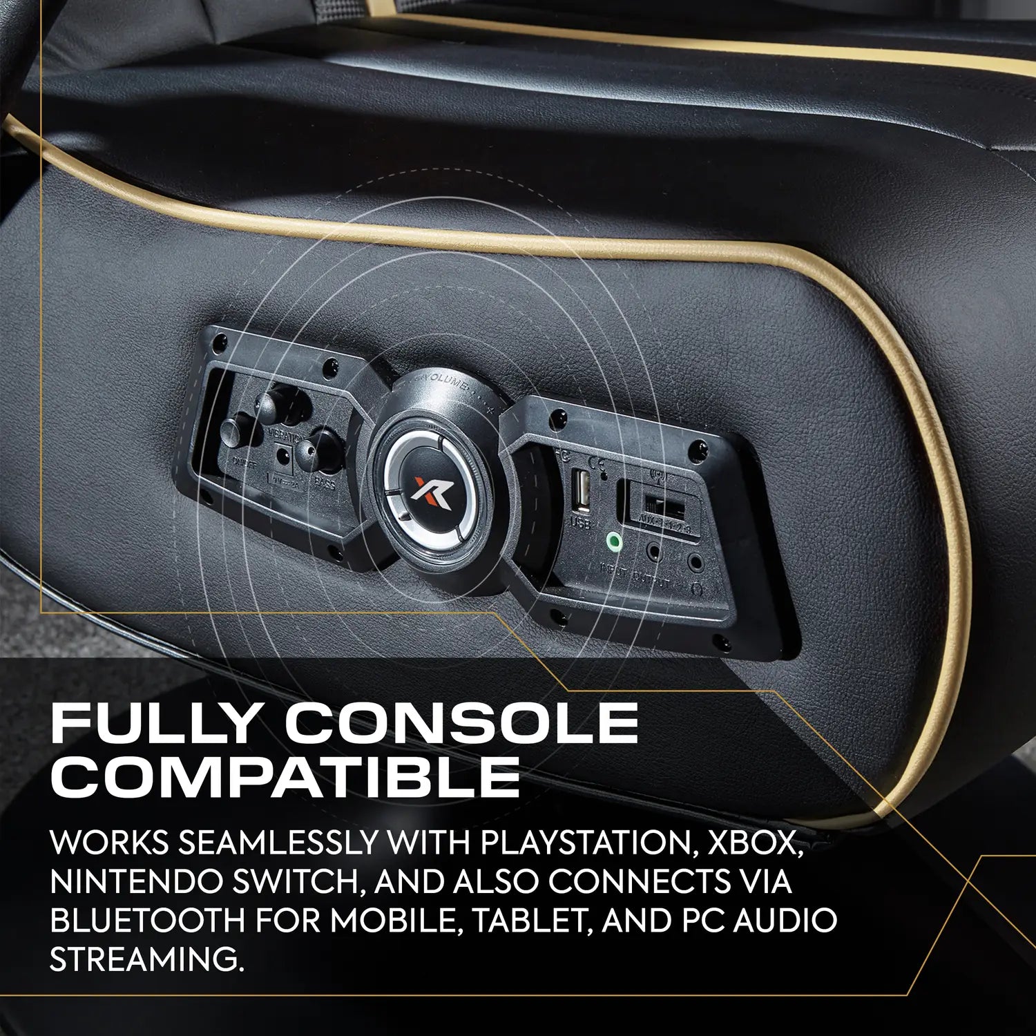 Close up of the Torque console gaming chairs control panel with a overlay about compatibility