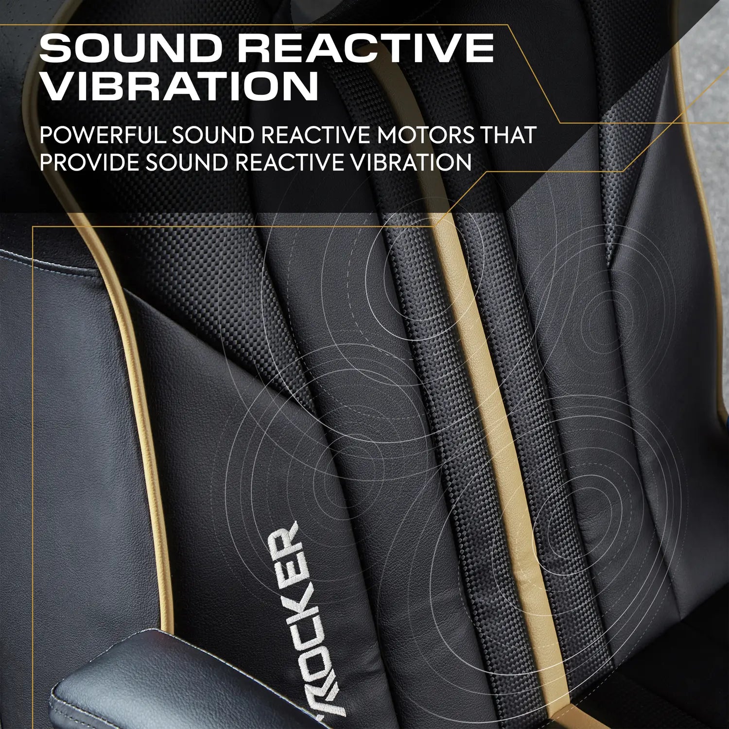 Gaming Chair with 'X ROCKER' branding and text about sound reactive vibration.