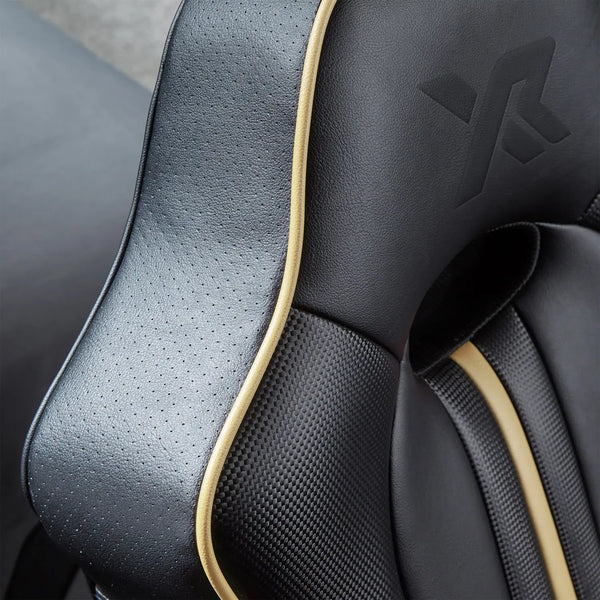 Close-up of a black leather Gaming seat with stitching detail