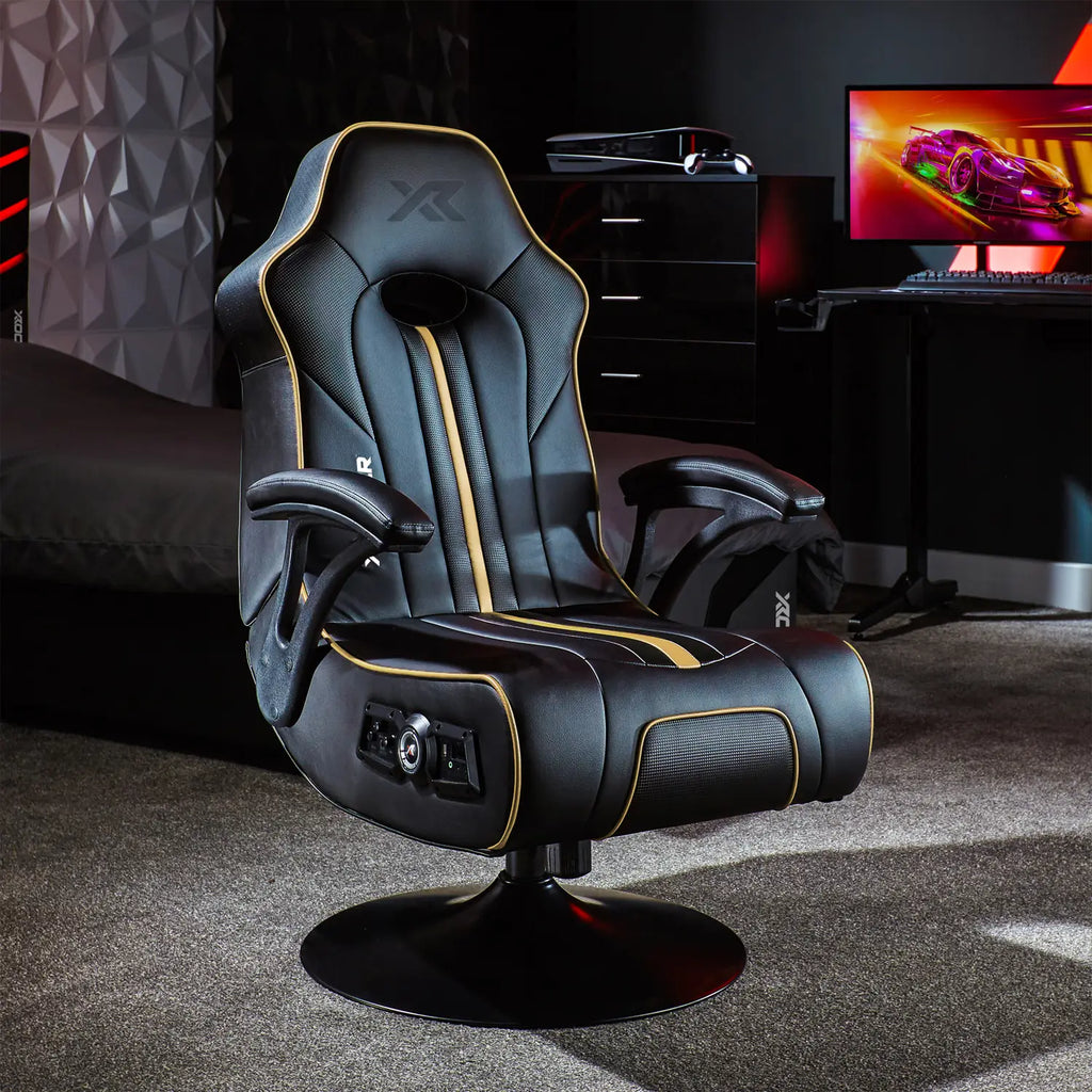 Torque Gaming chair with X Rocker brand logo in a room with a computer setup