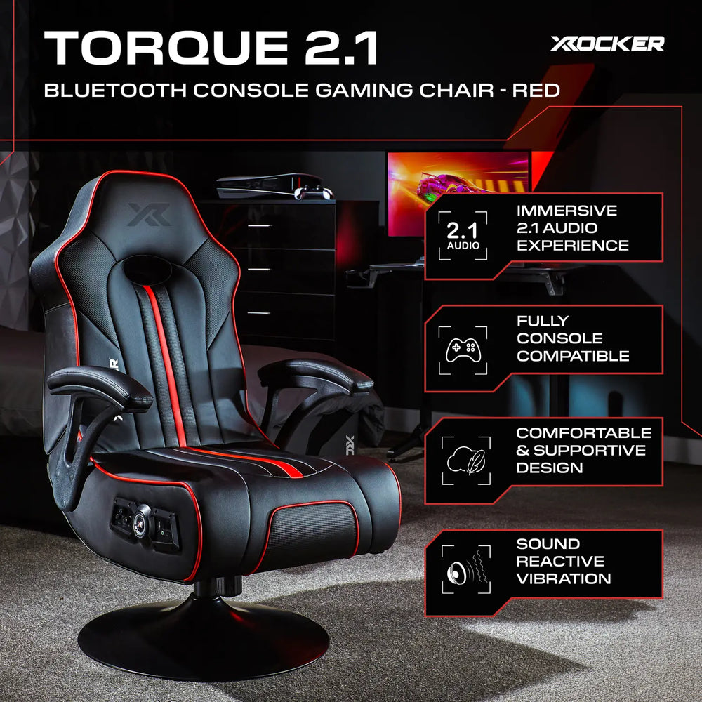 X rocker Torque 2.1 Bluetooth Console Gaming Chair with features highlighted on a dark background