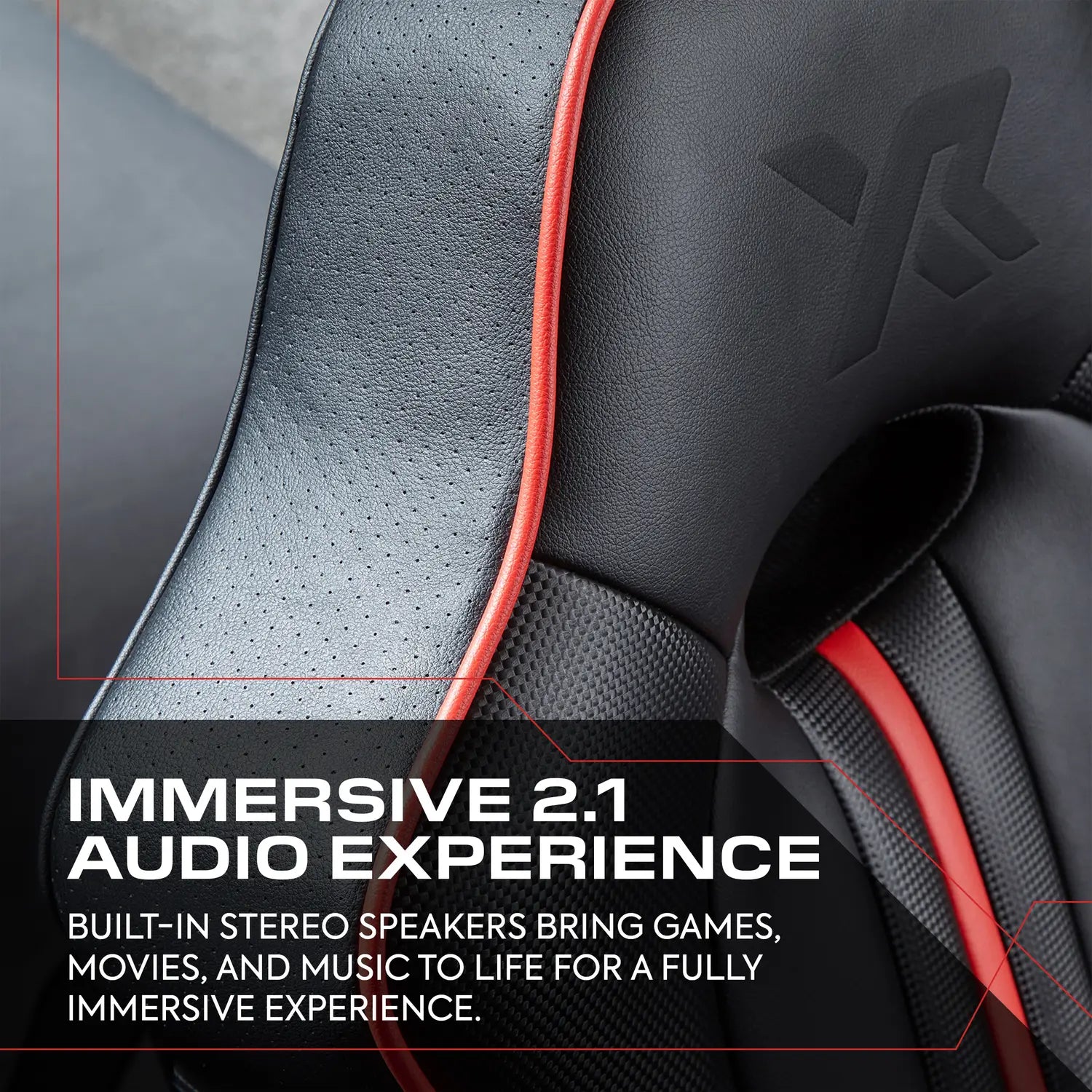 Close-up of a gaming chair with text about immersive 2.1 audio experience.