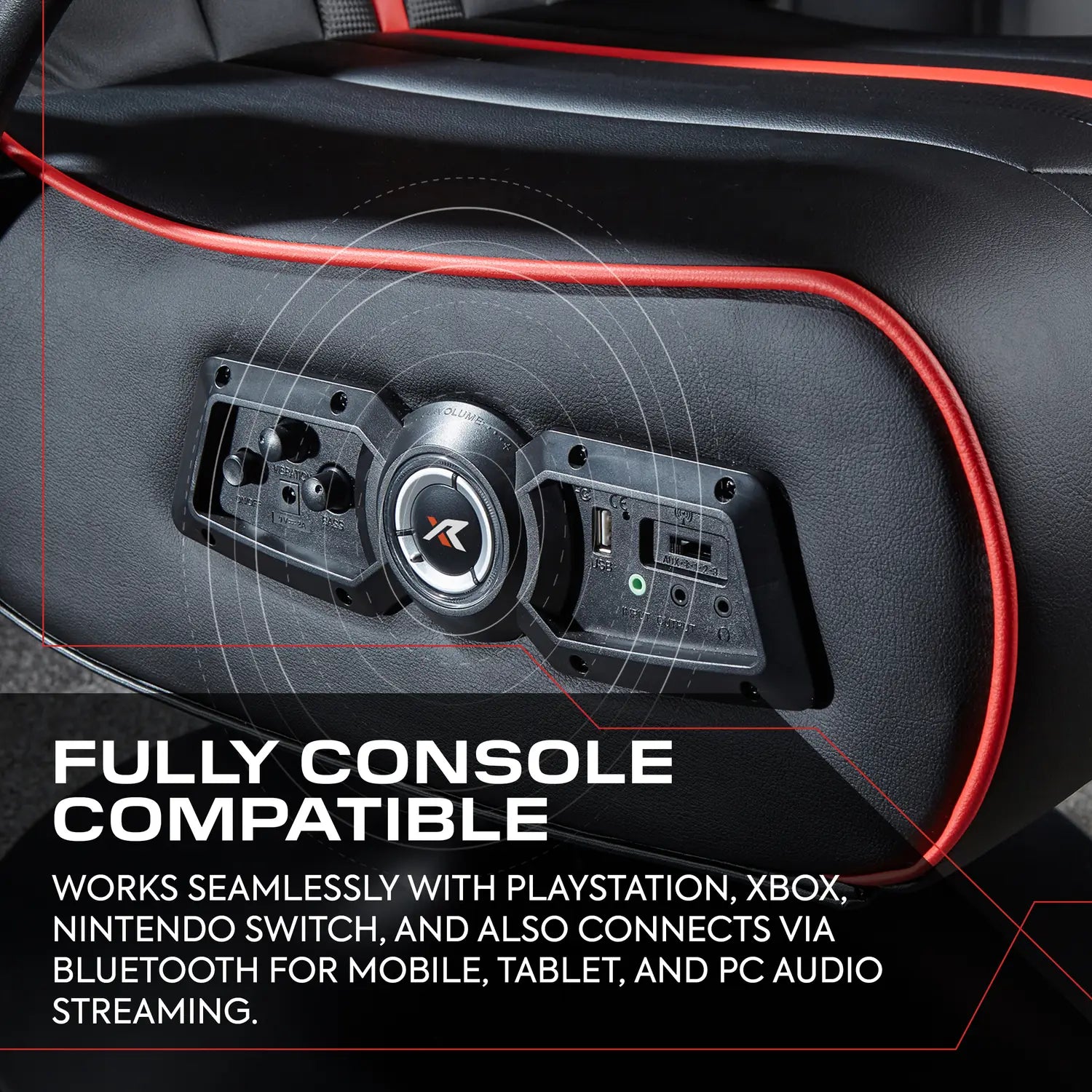 Close up of the Torque console gaming chairs control panel with compatibility overlay