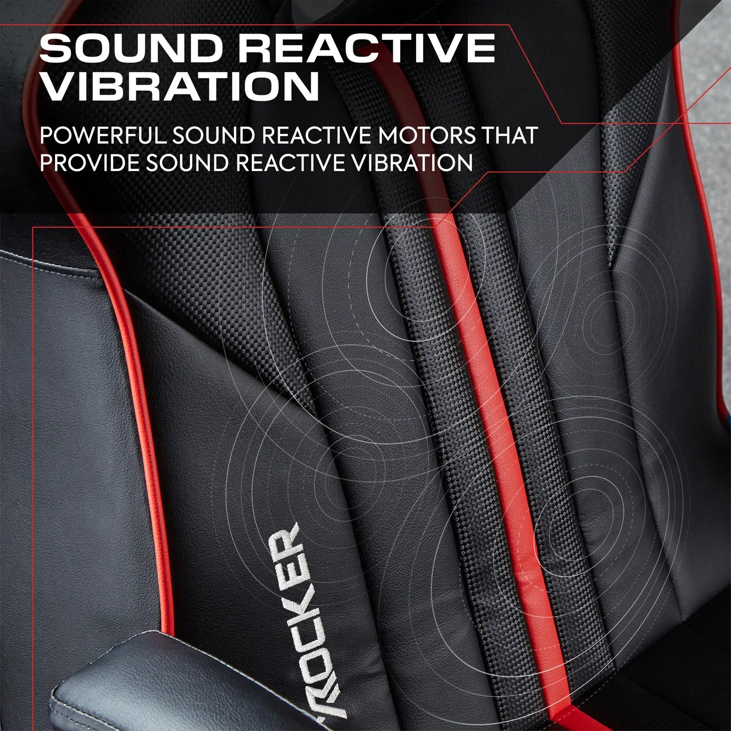 Console gaming seat with sound reactive vibration technology and 'X Rocker' branding.