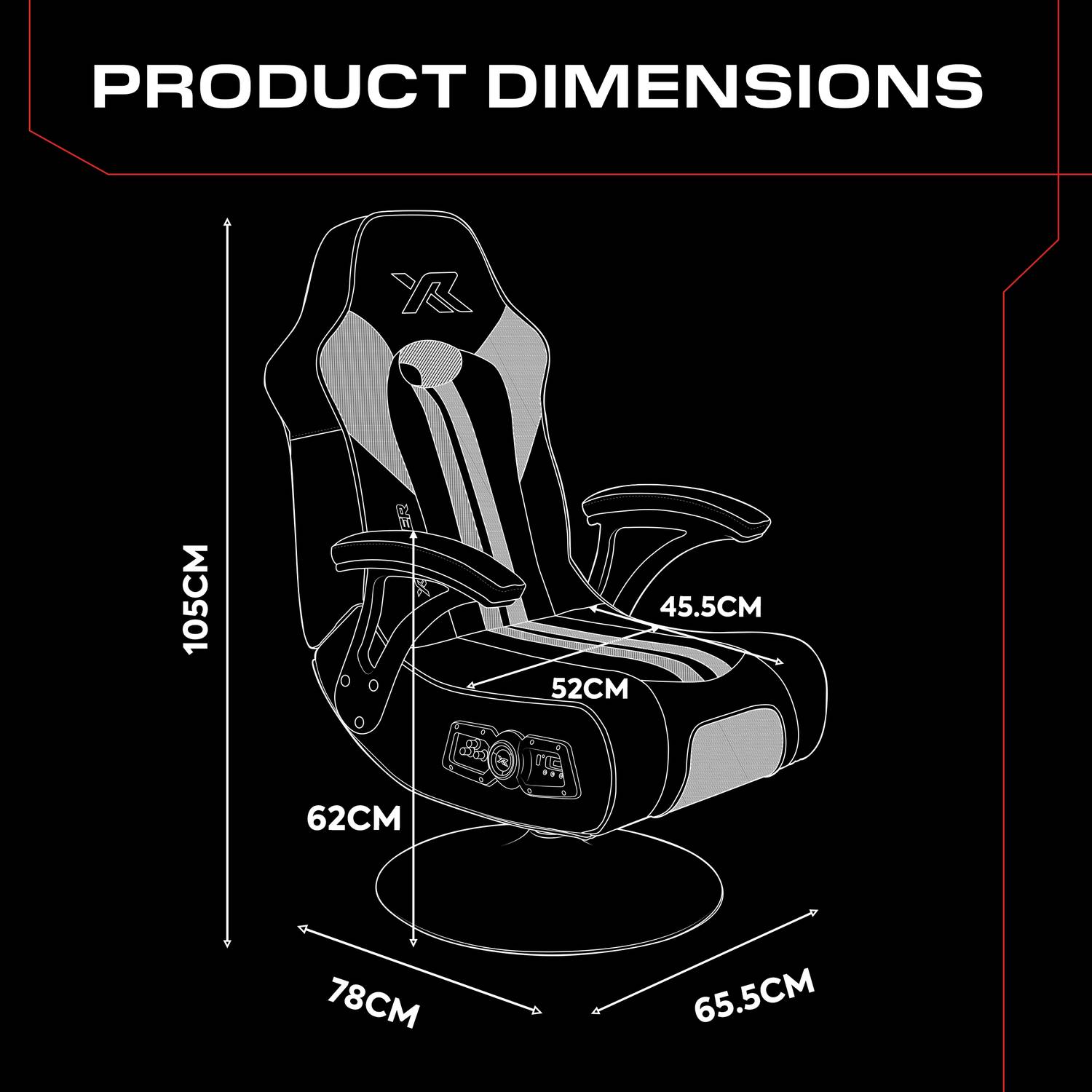 Torque gaming chair with dimensions labeled on a black background, highlighting a 105cm height, 78cm depth and 65.5cm width