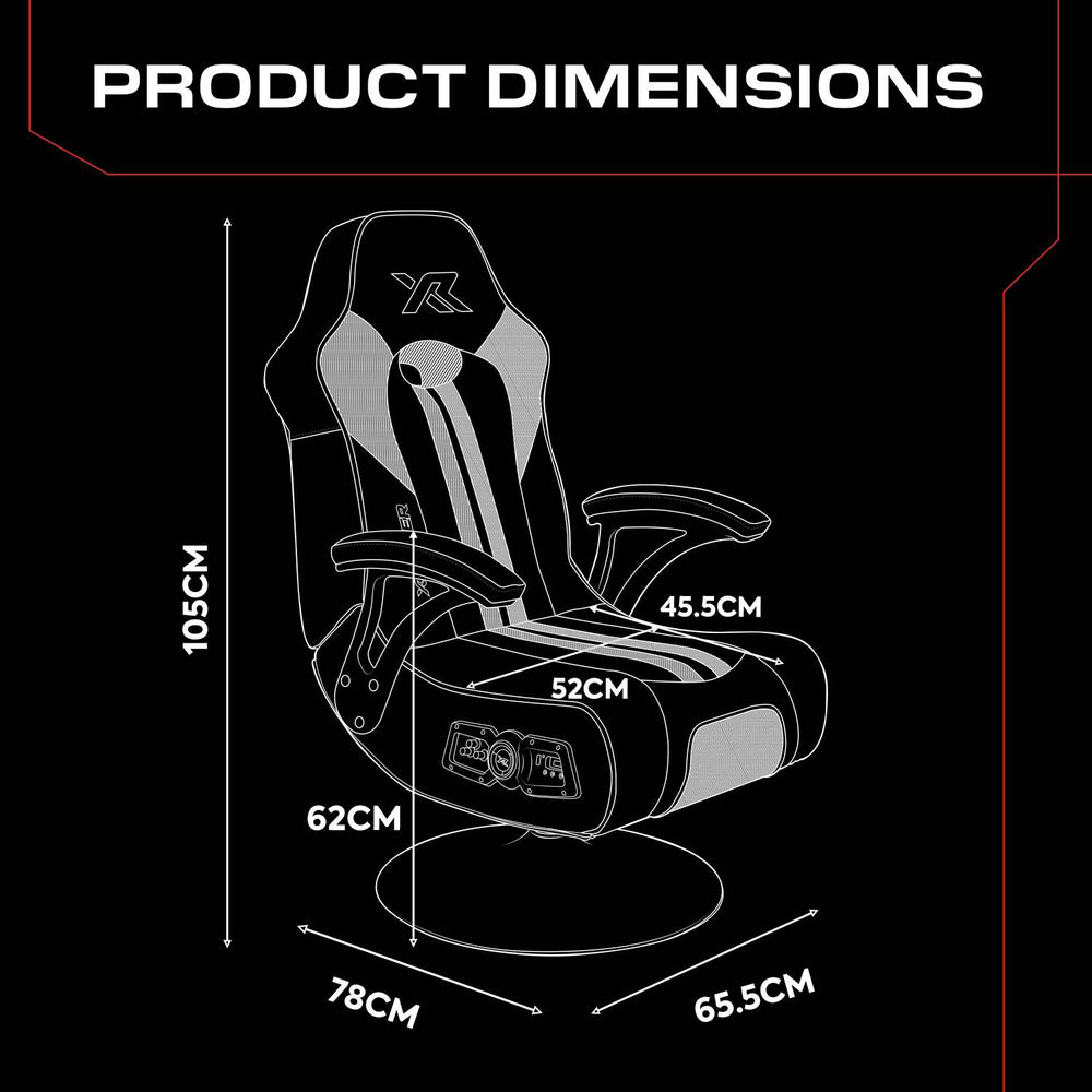 Torque gaming chair with dimensions labeled on a black background, highlighting a 105cm height, 78cm depth and 65.5cm width