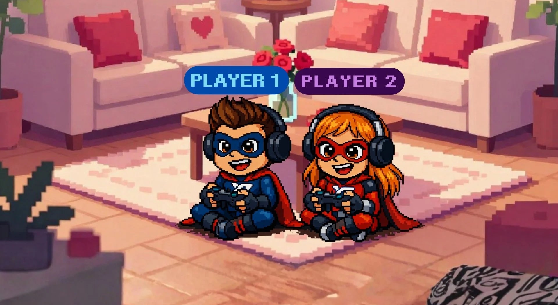 Two animated characters in superhero costumes sitting on a rug in a living room with 'Player 1' and 'Player 2' labels above them.