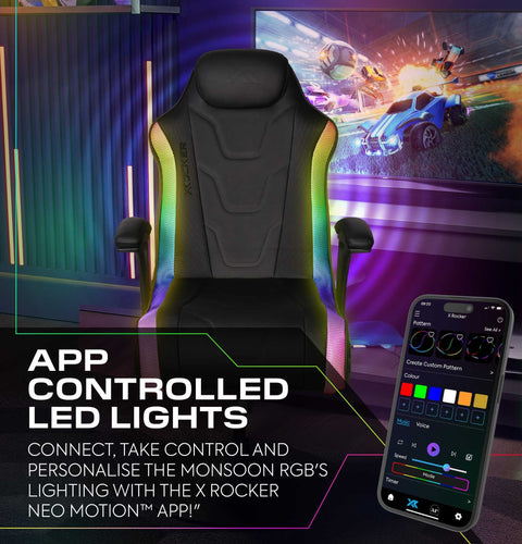 Gaming chair with app-controlled LED lights and smartphone displaying app interface.