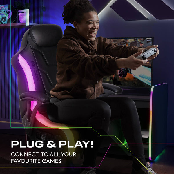 Person playing video games in a gaming chair with colorful lighting, text 'Plug & Play! Connect to all your favourite games'.