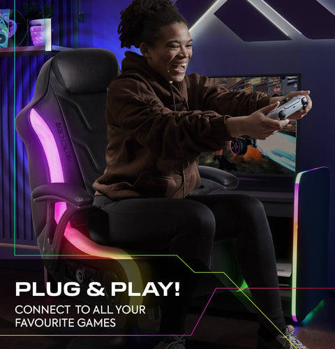 Person playing video games in a gaming chair with colorful lighting, text 'Plug & Play! Connect to all your favourite games'.