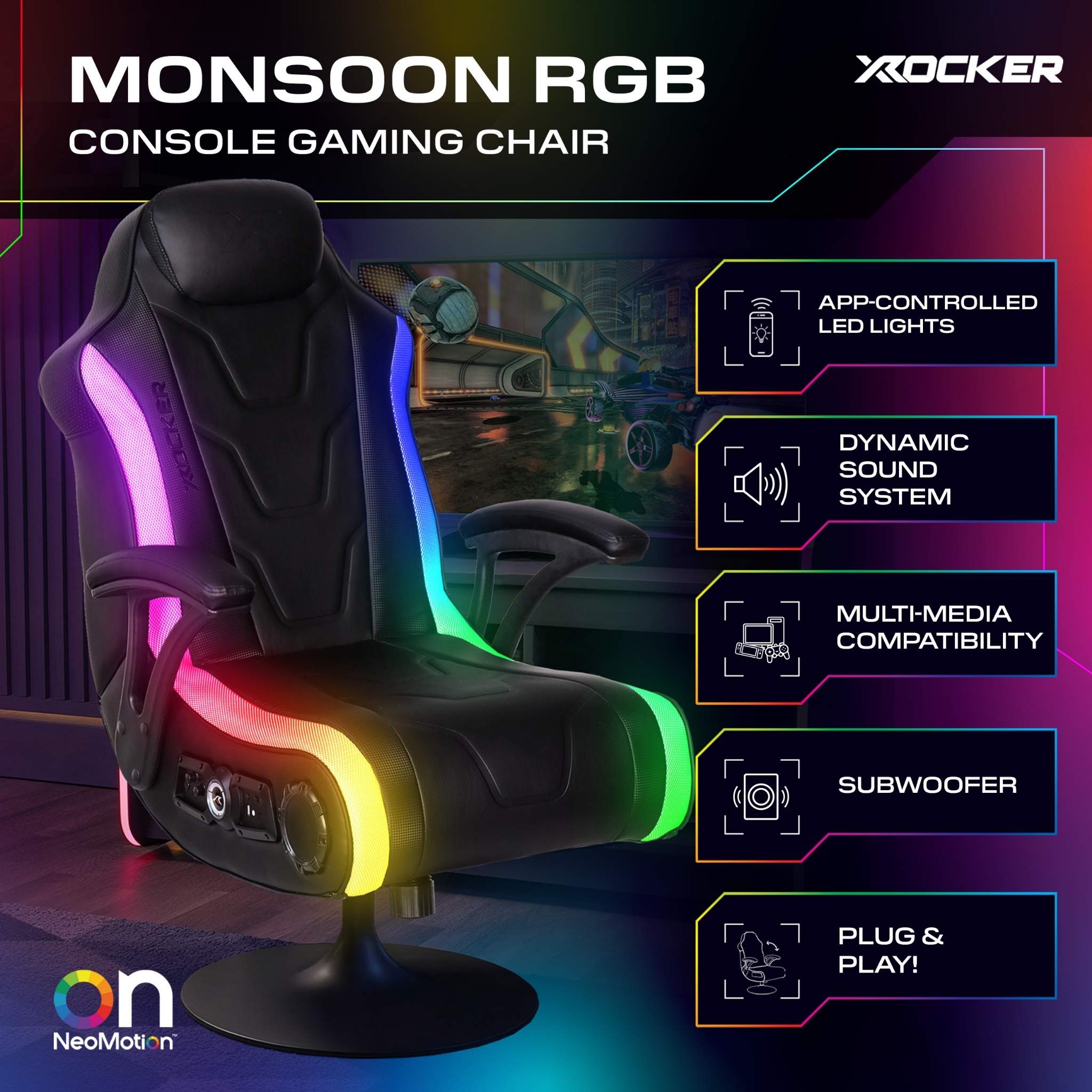 Gaming chair with RGB lighting and X rocker branding, featuring app-controlled LED lights and dynamic sound system.