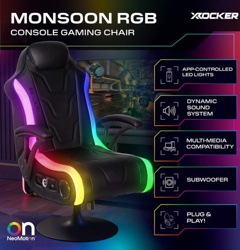 Gaming chair with RGB lighting and X rocker branding, featuring app-controlled LED lights and dynamic sound system.