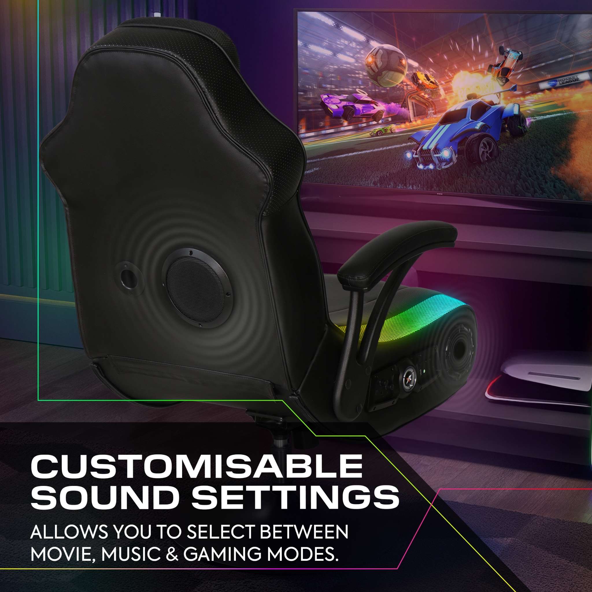Gaming chair with customizable sound settings in a room with a TV displaying a racing game.