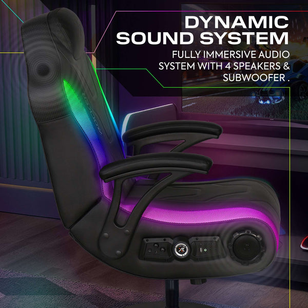 Gaming chair with dynamic sound system features and RGB lighting in a gaming setup.
