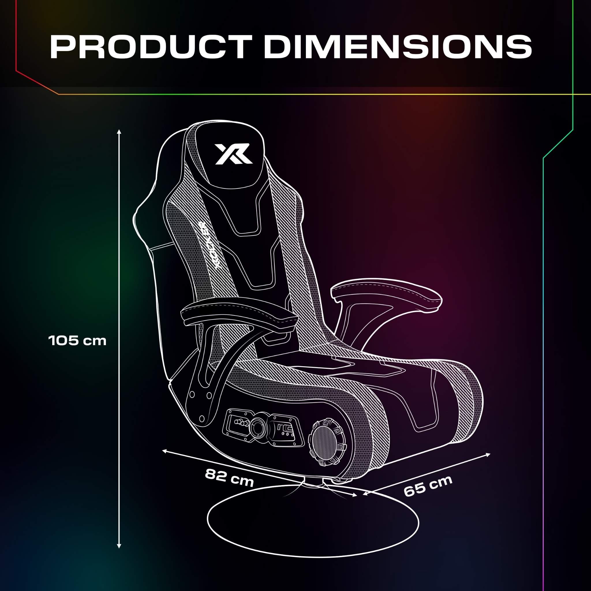 Gaming chair with dimensions labeled on a dark background
