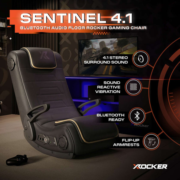 Gaming chair with features highlighted, including Bluetooth audio and surround sound, on a dark background.